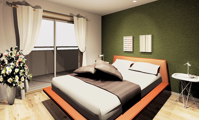 寝室は温かみのある白×グリーンのナチュラルコーデ