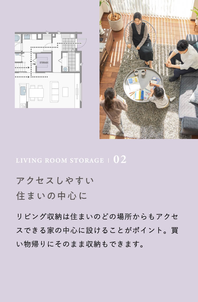 LIVING ROOM STORAGE | 02 アクセスしやすい住まいの中心に　リビング収納は住まいのどの場所からもアクセスできる家の中心に設けることがポイント。買い物帰りにそのまま収納もできます。