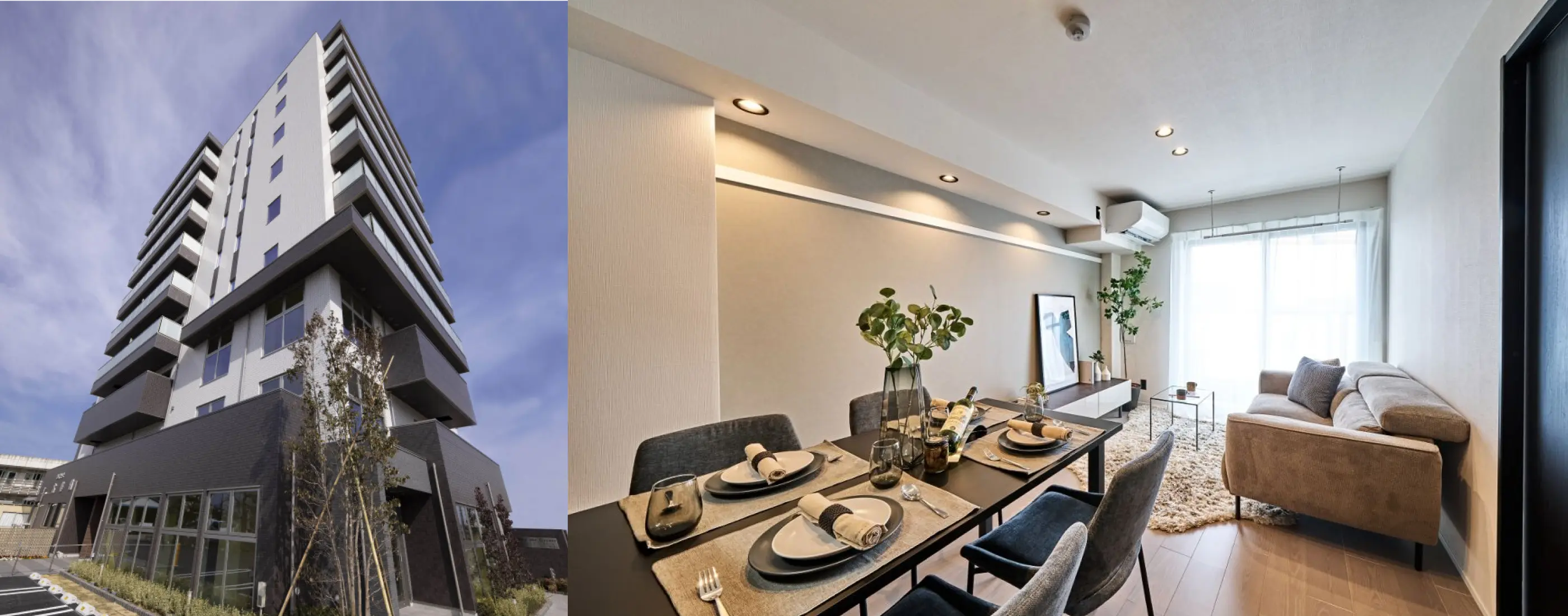 左は、賃貸モデルルームの外観。右は、賃貸モデルルームの内観。