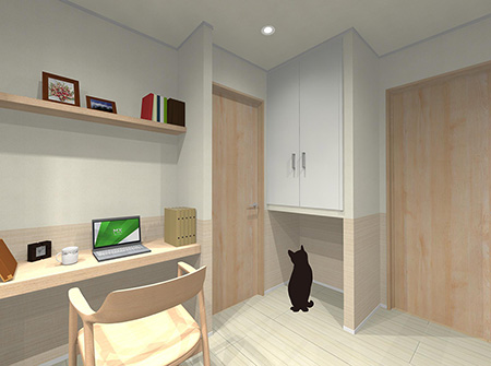 猫との暮らしに向けた住戸空間イメージ図 テレワークスペースとペットコーナー