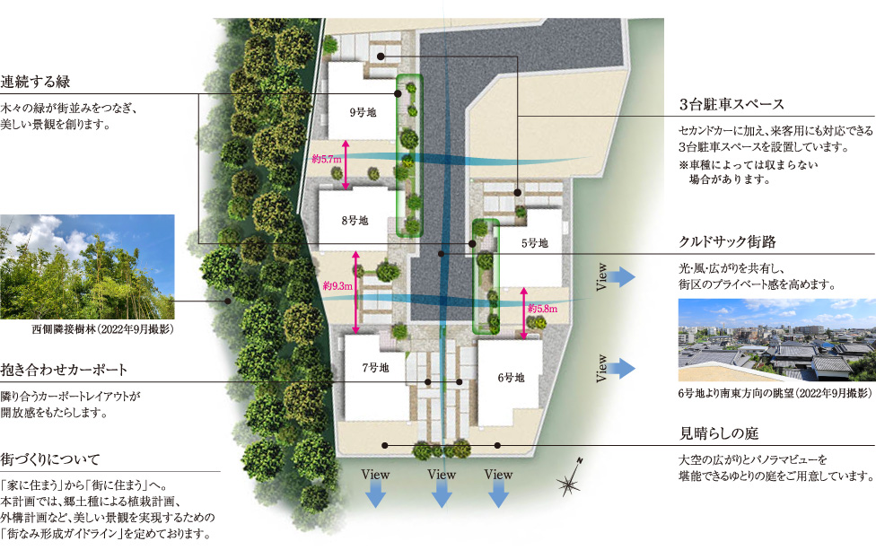 連続する緑:木々の緑が街並みをつなぎ、美しい景観を創ります。| 抱き合わせカーポート:隣り合うカーポートレイアウトが開放感をもたらします。 | 街づくりについて:「家に住まう」から「街に住まう」へ。本計画では、郷土種による植栽計画、外構計画など、美しい景観を実現するための「街なみ形成ガイドライン」を定めております。 | ３台駐車スペースセカンドカーに加え、来客用にも対応できる３台駐車スペースを設置しています。 | クルドサック街路:光・風・広がりを共有し、街区のプライベート感を高めます。 | 見晴らしの庭:大空の広がりとパノラマビューを堪能できるゆとりの庭をご用意しています。