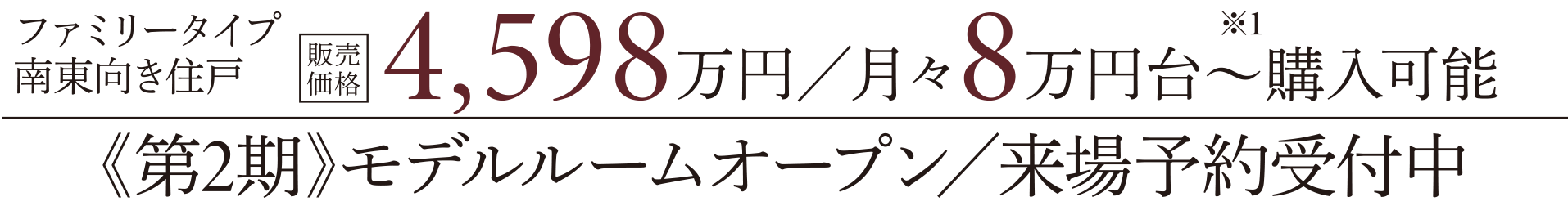 ファミリータイプ南東向き住戸｜販売価格4,598万円／月々8万円台〜※1購入可能｜《第2期》モデルルームオープン／来場予約受付中