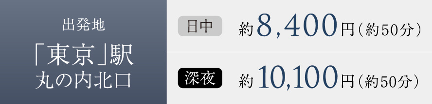 出発地「東京」駅丸の内北口 日中約8,400円（約50分） 深夜約10,100円（約50分）