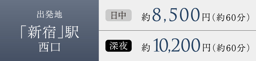 出発地「新宿」駅西口 日中約8,500円（約60分） 深夜約10,200円（約60分）