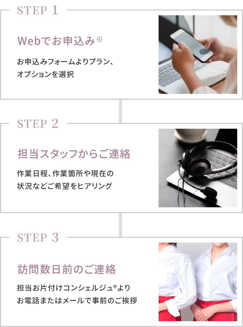 STEP 1 Webでお申込み※
STEP 2 担当スタッフからご連絡
STEP 3 訪問数日前のご連絡