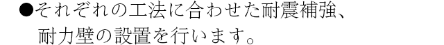 それぞれの工法に合わせた耐震補強、耐力壁の設置を行います。