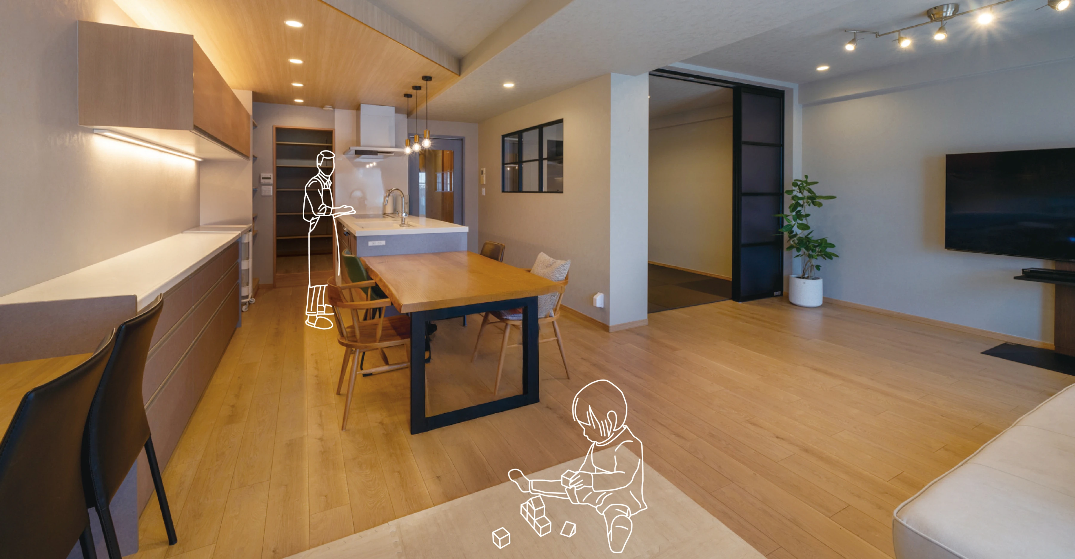 写真：ひと続きの動線上にあるパントリー、キッチン、デスクコーナー