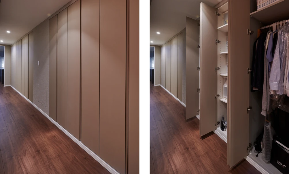 写真：リビング・ダイニング・キッチンとひと続きの動線上にあるクローゼット