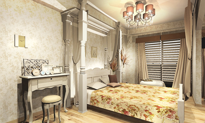 間接照明ゴージャスなベッド周りが魅力の“姫の寝室”を生かしモダンな雰囲気もプラス